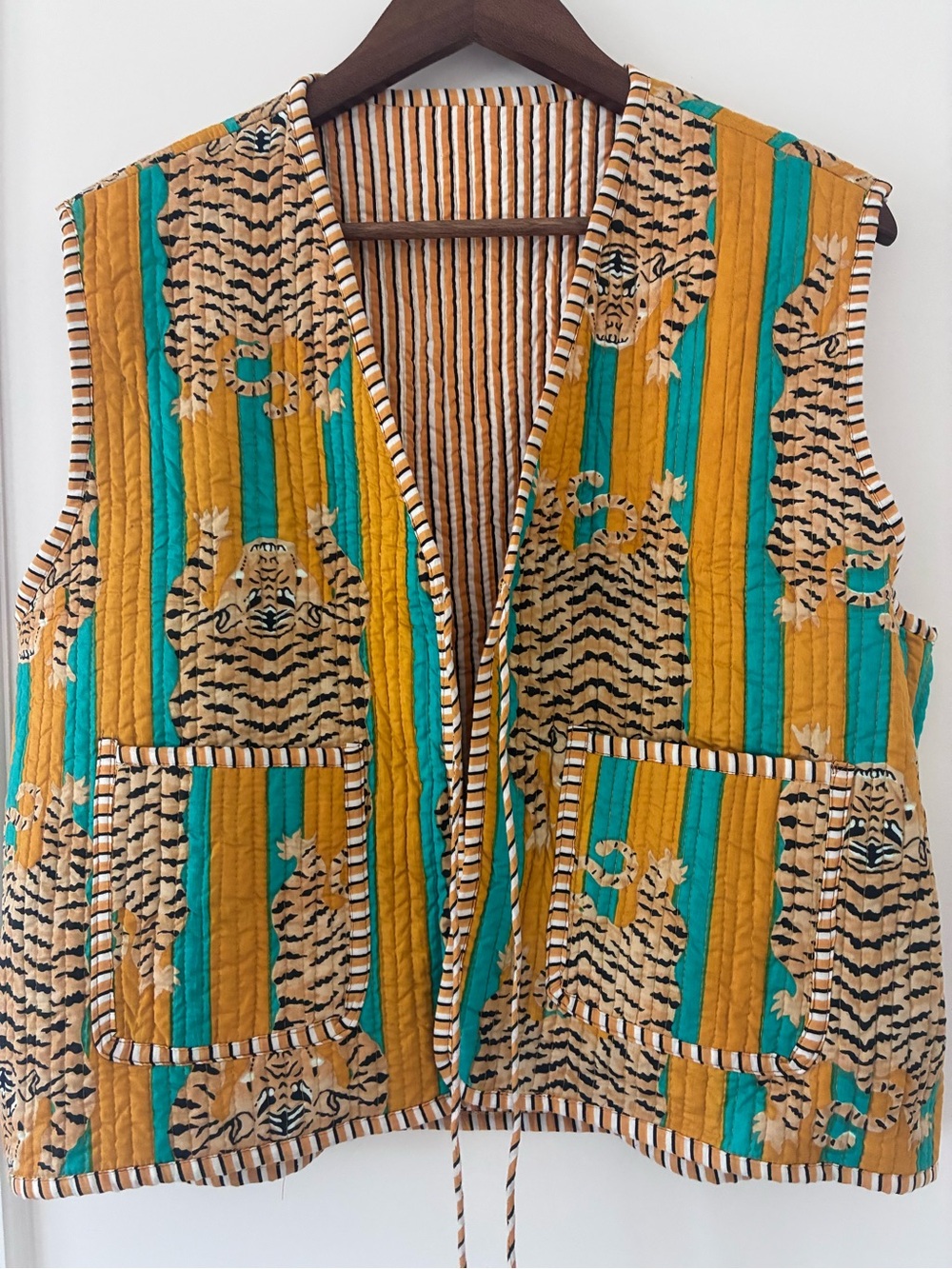 Striped Tiger-Print Quilted Vest in Mustard & Teal